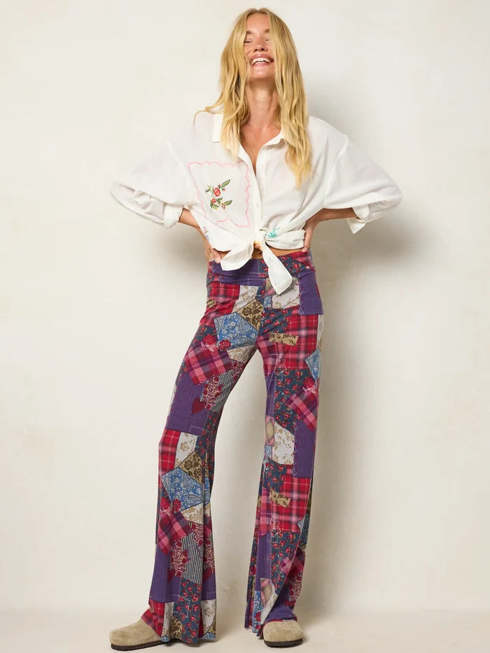 Cali Knit Flare Pants - Aspen Patchwork Burgundy-view 2
