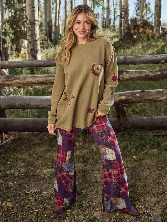 Cali Knit Flare Pants - Aspen Patchwork Burgundy-view 3