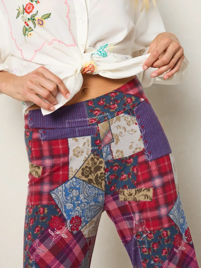 Cali Knit Flare Pants - Aspen Patchwork Burgundy-view 4