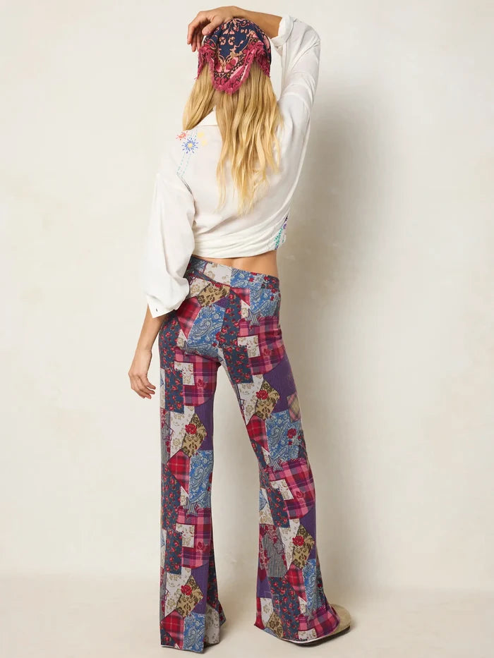 Cali Knit Flare Pants - Aspen Patchwork Burgundy-view 5