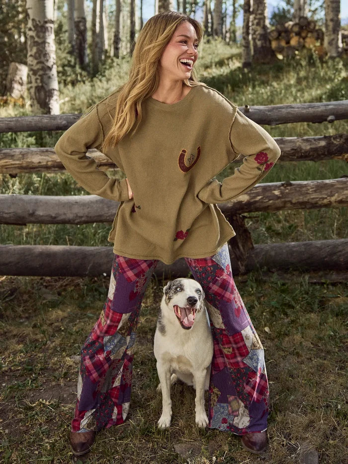 Cali Knit Flare Pants - Aspen Patchwork Burgundy-view 6