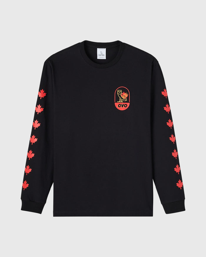 Black long-sleeve tee with red maple leaf sleeve prints and front chest emblem logo.