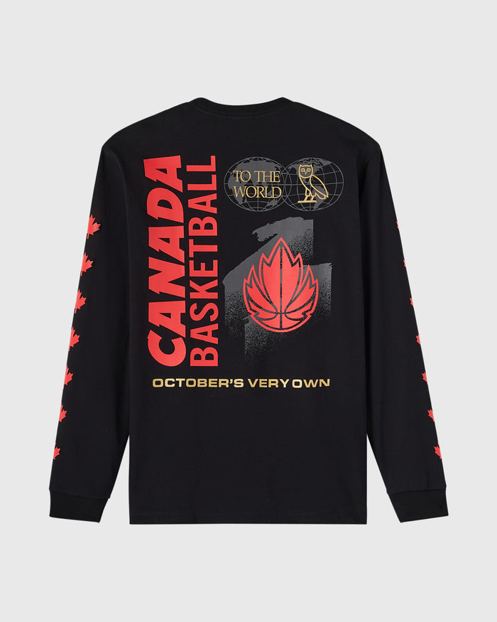Black long-sleeve tee with red "Canada Basketball" text, basketball leaf logo, and repeated maple leaf print on sleeves.