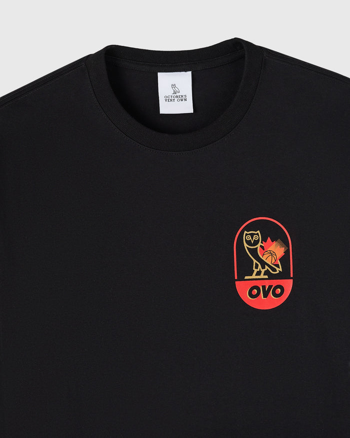 Black long-sleeve tee with red and yellow owl basketball logo printed on chest.