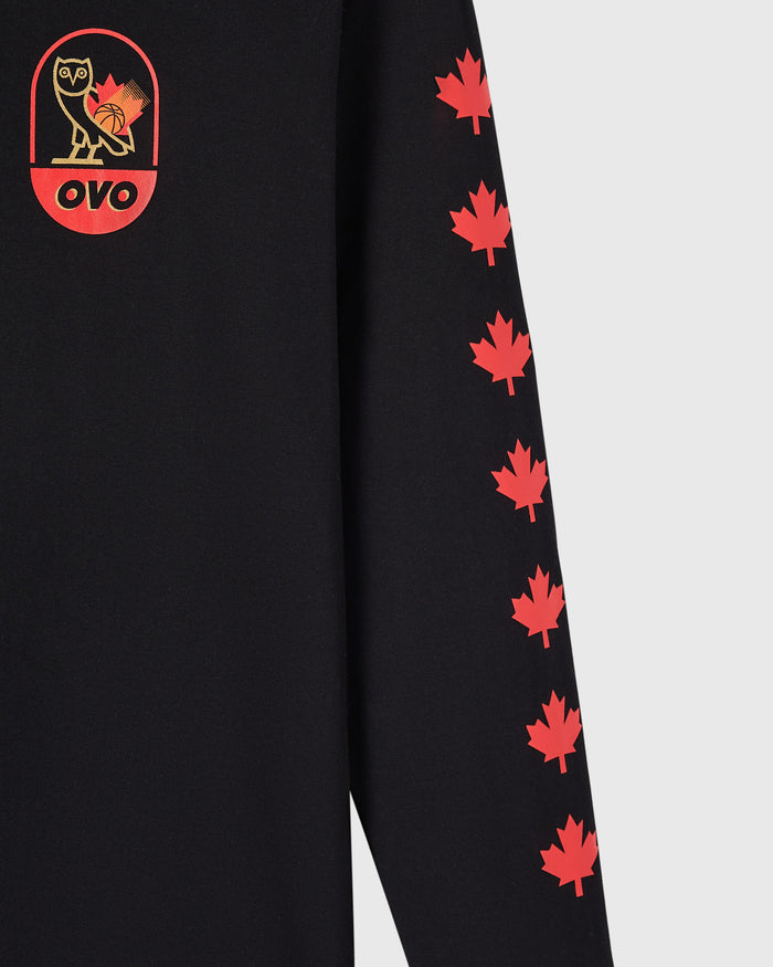 Black long-sleeve tee with OVO owl and basketball logo on chest and red maple leaves down sleeve.
