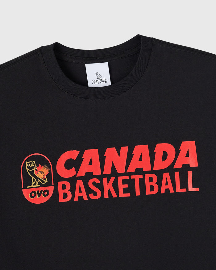 Black t-shirt with red "Canada Basketball" text and owl logo on chest.