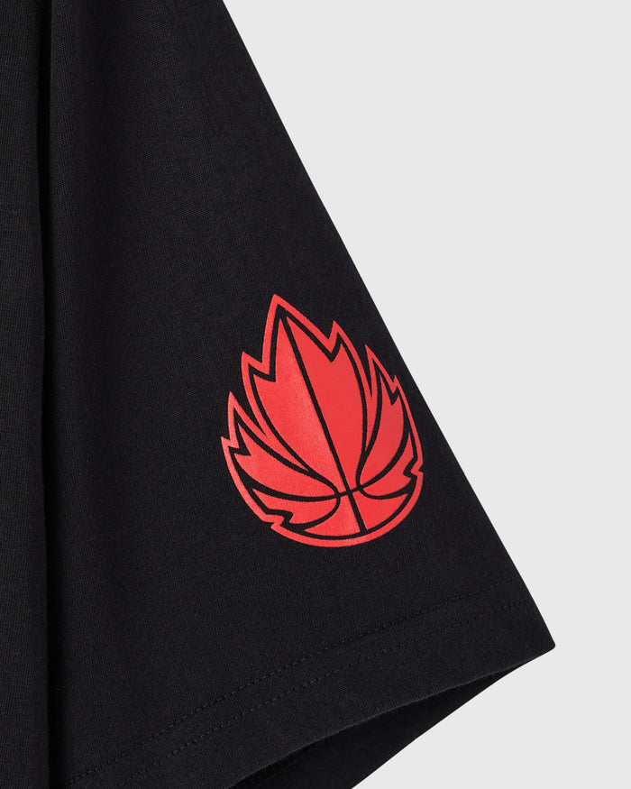 Black t-shirt with red flaming basketball logo on chest.