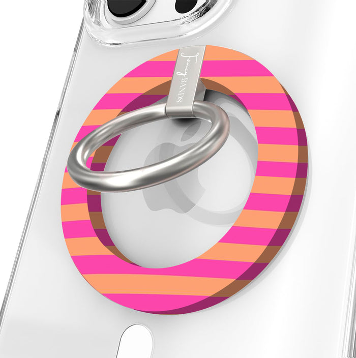 Candy Citrus Stripes pattern MagSafe phone grip ring with vibrant horizontal pink and orange stripes compatible with iPhone and Samsung