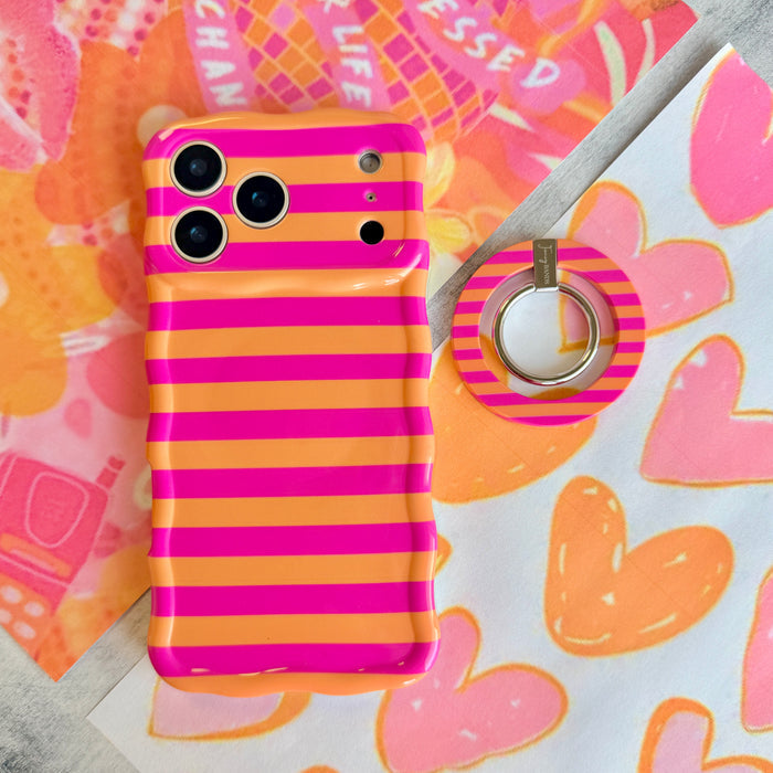 Candy Citrus Stripes pattern MagSafe phone grip ring with vibrant horizontal pink and orange stripes compatible with iPhone and Samsung