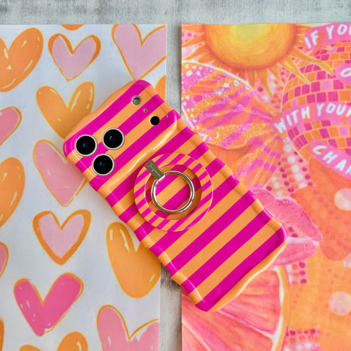 Candy Citrus Stripes pattern MagSafe phone grip ring with vibrant horizontal pink and orange stripes compatible with iPhone and Samsung