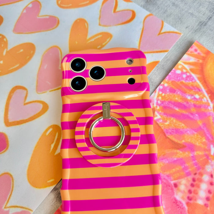 Candy Citrus Stripes pattern MagSafe phone grip ring with vibrant horizontal pink and orange stripes compatible with iPhone and Samsung