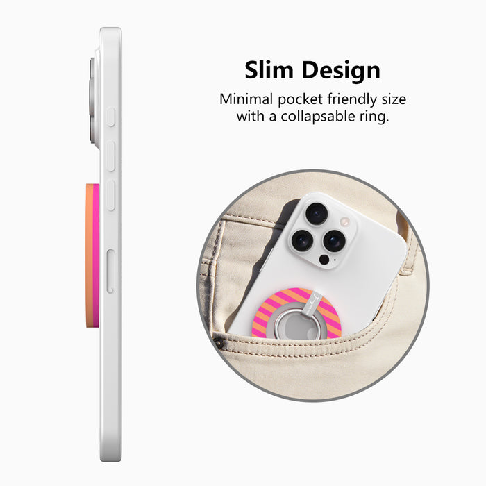 Candy Citrus Stripes pattern MagSafe phone grip ring with vibrant horizontal pink and orange stripes compatible with iPhone and Samsung