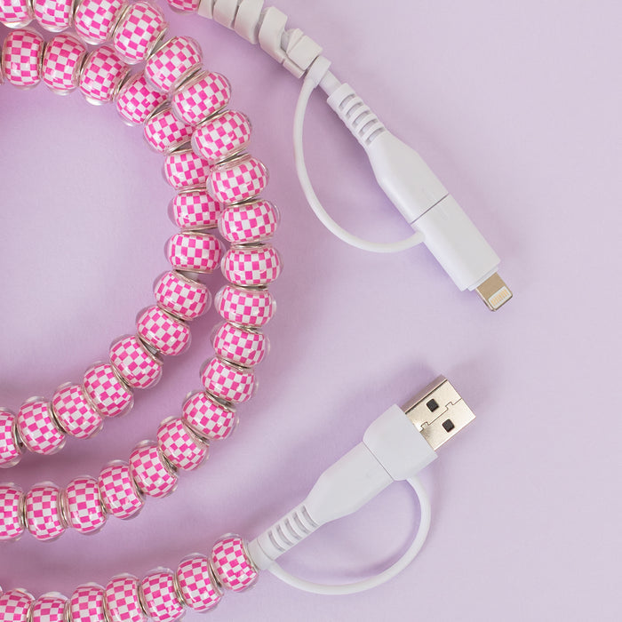 CC09 - 4-in-1 Beaded Charging Cable - Fuchsia & White