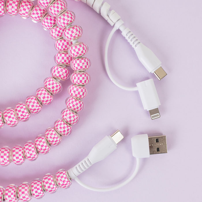 CC09 - 4-in-1 Beaded Charging Cable - Fuchsia & White