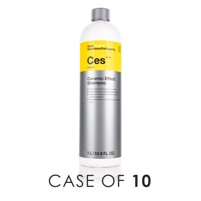 A bottle of Ceramic Effect Shampoo with a label that includes the brand name 'Ces' and the product name 'Ceramic Effect Shampoo'. The bottle is white with a silver label and yellow accents, indicating it is a 1L/33.
