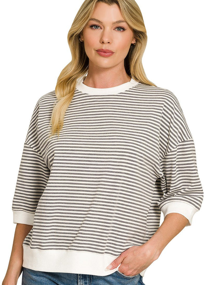 Charcoal and white striped 3/4-sleeve crewneck T-shirt, relaxed fit