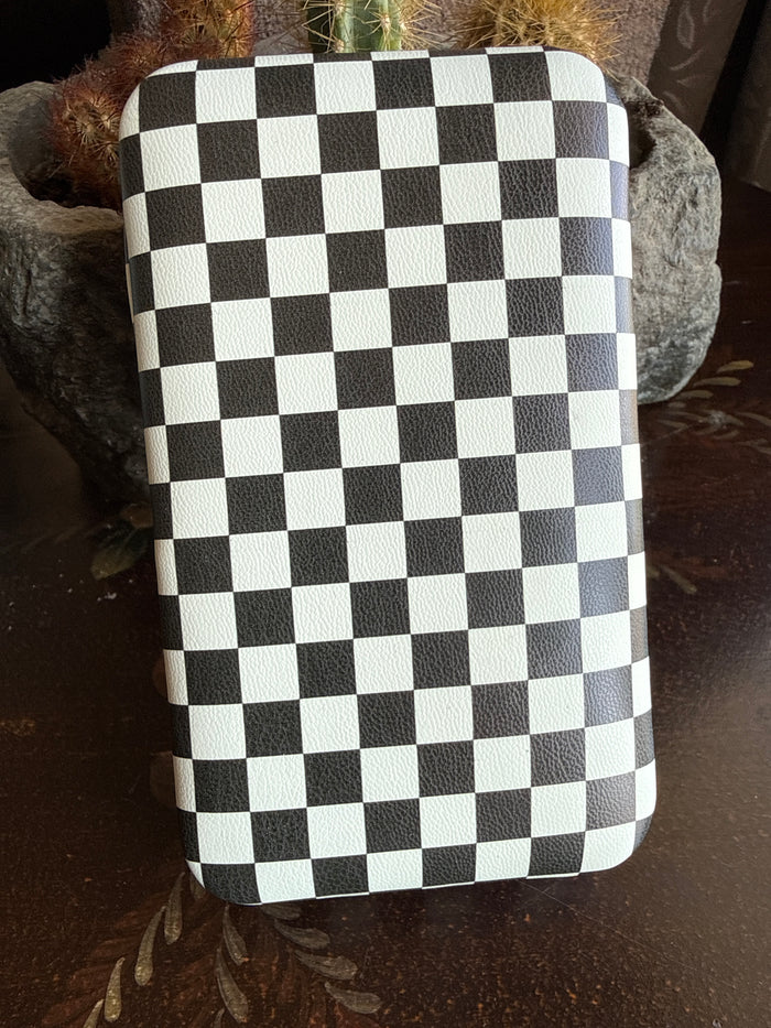 Checkered makeup brush set pouch with black and white square pattern