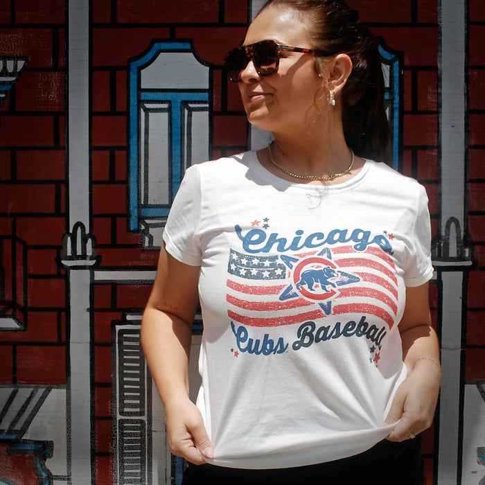 Chicago Cubs 47 Brand White Wash Patriotic Wave Frankie Short Sleeve Tee Shirt