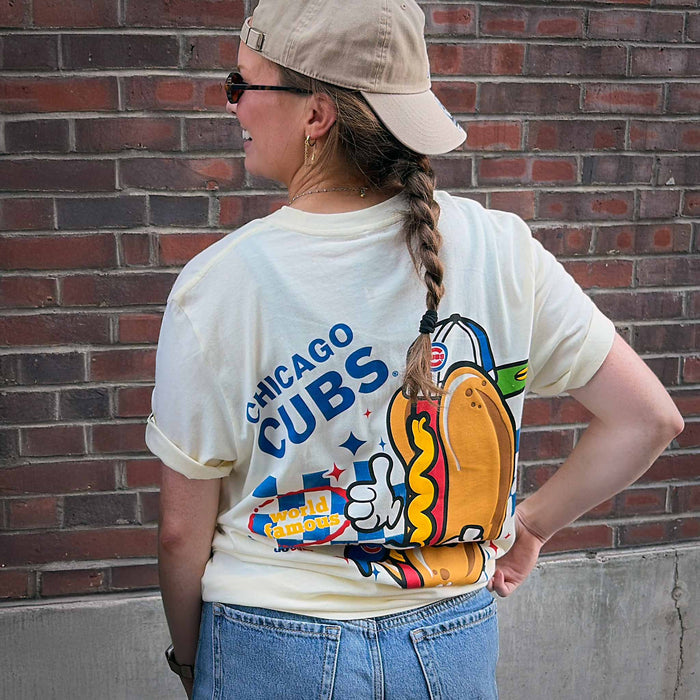 Chicago Cubs New Era World Famous Two Sided Screened Hot Dog T Shirt