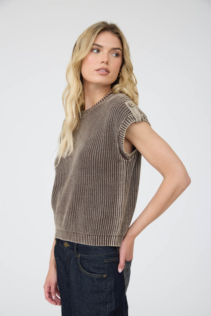 Chocolate brown cotton sweater vest, sleeveless rib knit