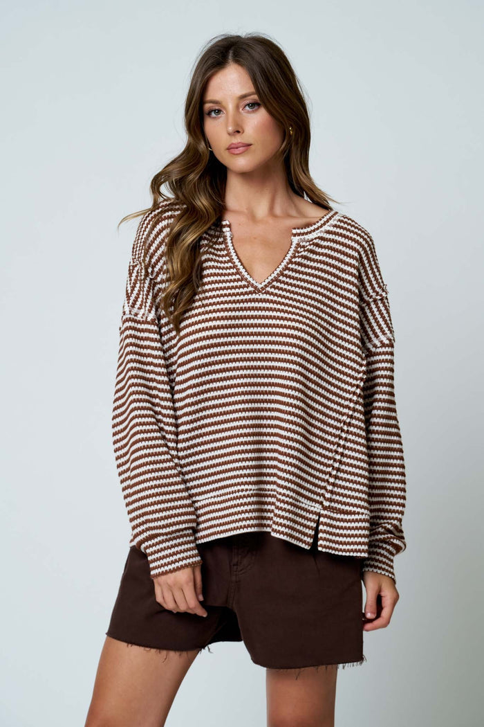 Chocolate and cream striped notch-neck knit sweater, long sleeves with relaxed fit