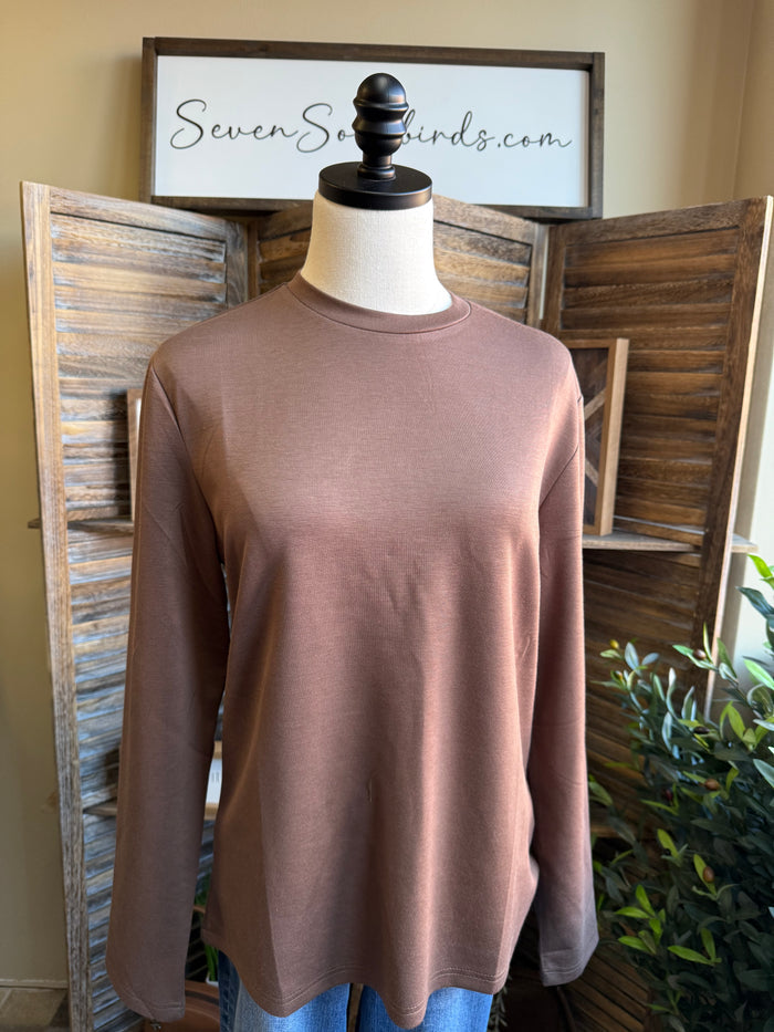 Chocolate brown long-sleeve crew neck T-shirt on a mannequin