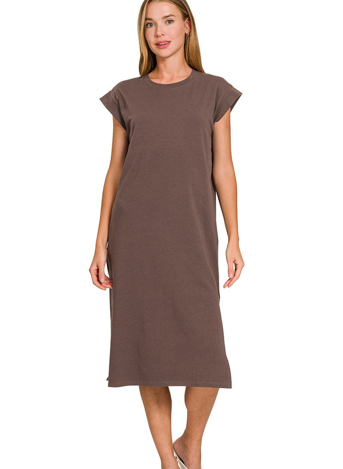 Chocolate brown knit midi dress with short sleeves and crew neck