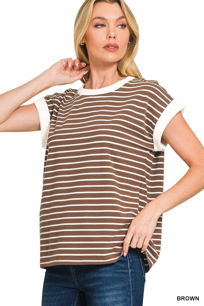Brown and white striped cap sleeve T-shirt with crew neck