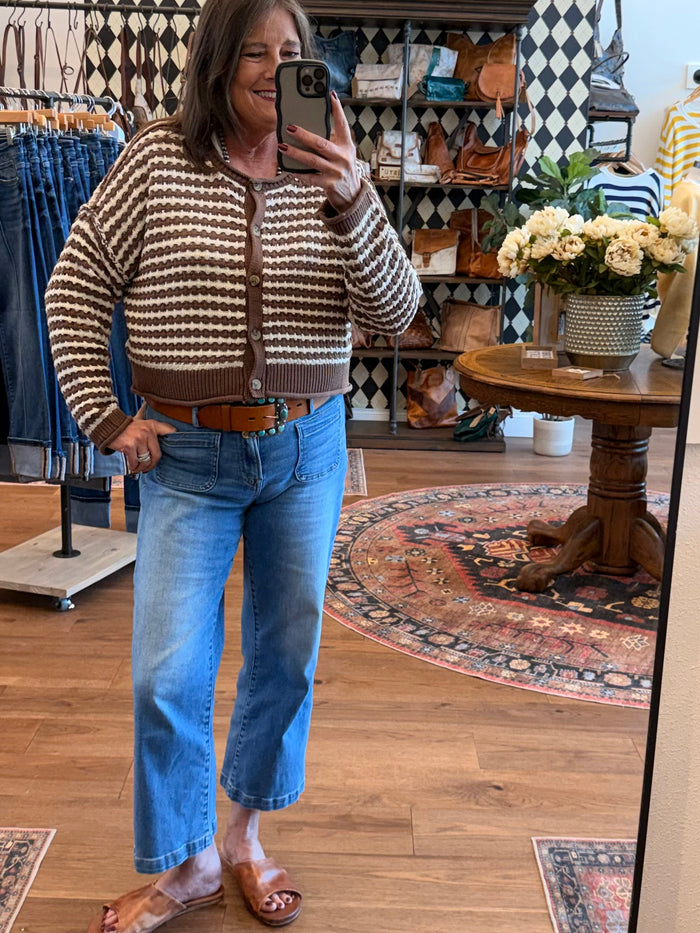Chocolate & White Striped Cropped Cardigan
