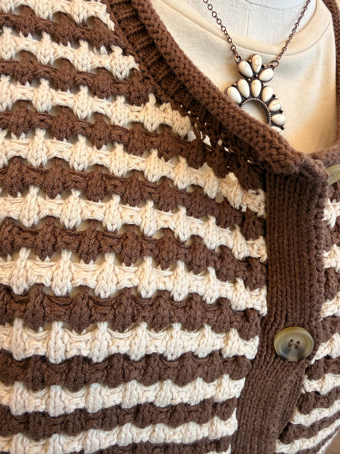 Striped cropped cardigan, chocolate-brown and cream knit with button front