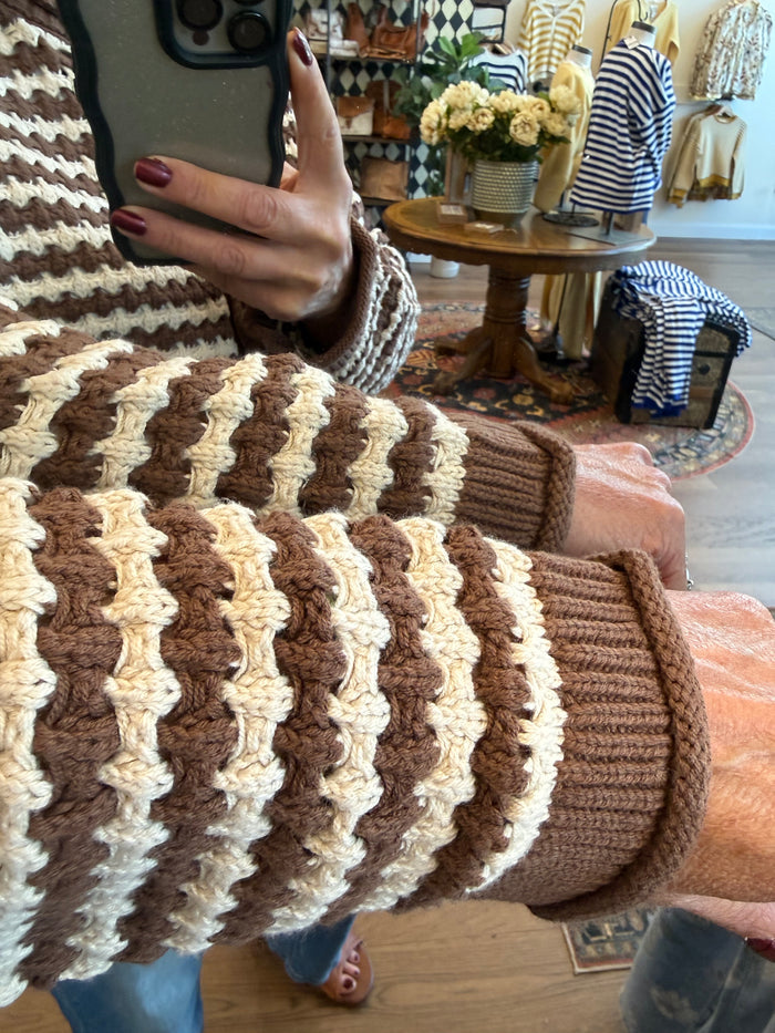 Chocolate & White Striped Cropped Cardigan