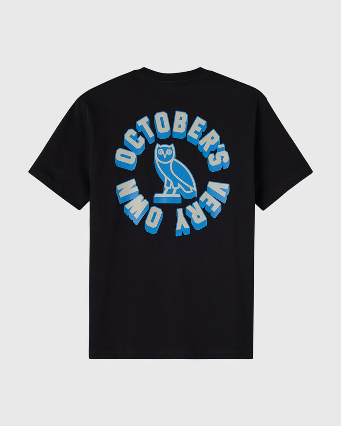 Black t-shirt with blue circular wordmark featuring an owl graphic in the center.