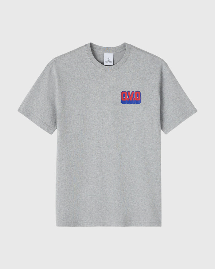 Heather grey short-sleeve t-shirt with red and blue circle wordmark logo on chest.