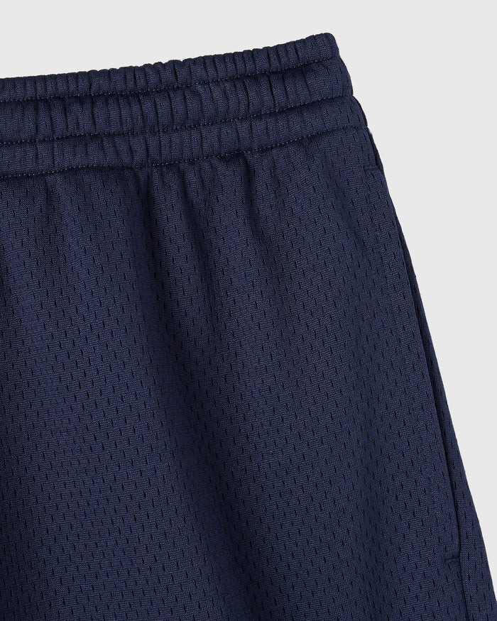 Navy mesh shorts with elastic waistband and textured weave fabric.
