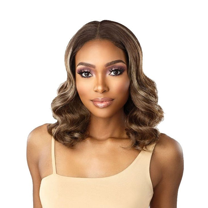 SENSATIONNEL Cloud 9 HD lace front wig medium brown shoulder length wavy bob with center part natural hairline