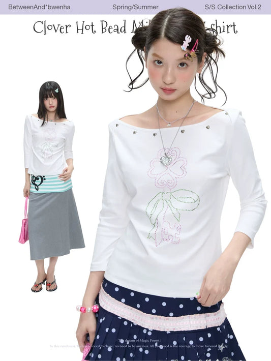 Clover hot bead mid sleeve t-shirt top