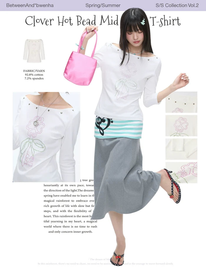 Clover hot bead mid sleeve t-shirt top