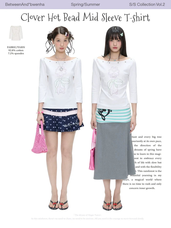 Clover hot bead mid sleeve t-shirt top