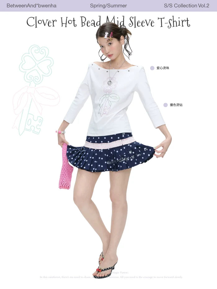 Clover hot bead mid sleeve t-shirt top