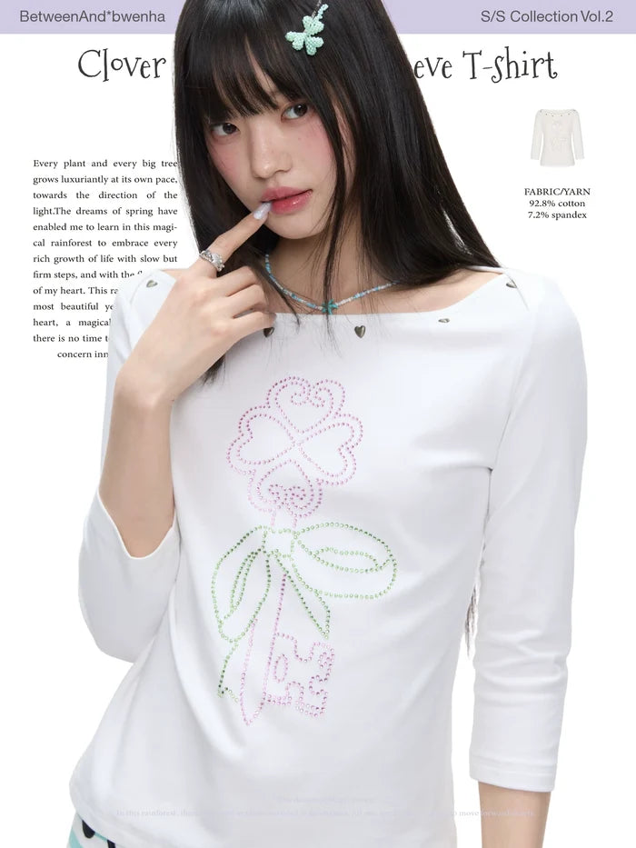 Clover hot bead mid sleeve t-shirt top
