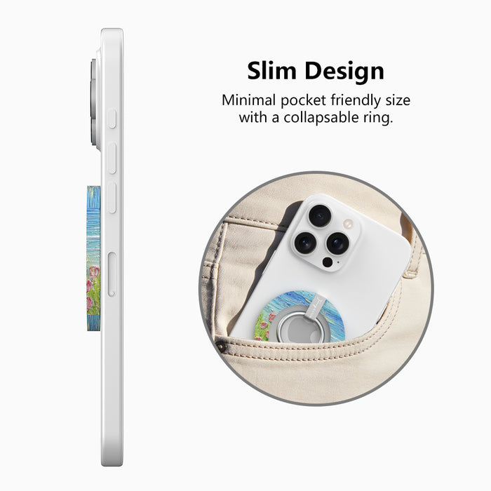 Coastal Bloom oil painting style MagSafe phone grip ring with blue sky and pink wildflowers compatible with iPhone and Samsung