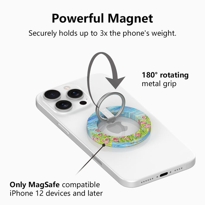 Coastal Bloom oil painting style MagSafe phone grip ring with blue sky and pink wildflowers compatible with iPhone and Samsung