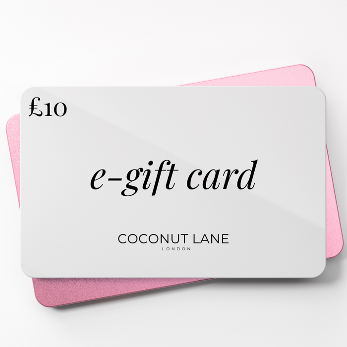 Coconut Lane £10 E-Gift Card on a pink card, set against a white background.