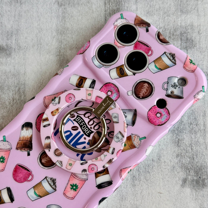 Coffee Before Talkie cafe themed MagSafe phone grip ring with coffee cups and donuts on pink background compatible with iPhone and Samsung