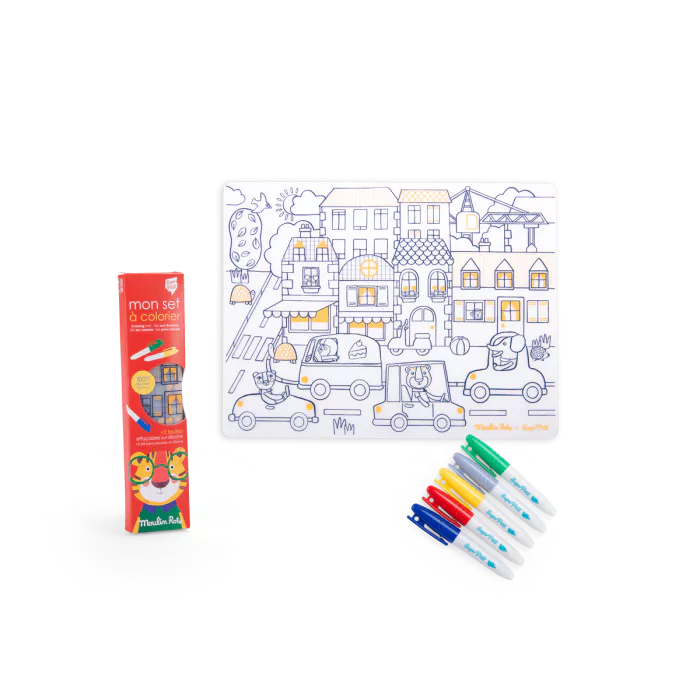 Moulin Roty - Colouring Set - Silicone Mat & 5 Markers - Les Popipop