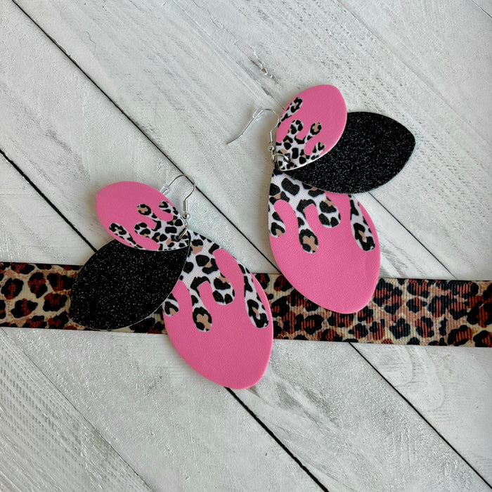 Coral Leopard Drip Faux Leather Teardrop Ear Bling Two Styles Available