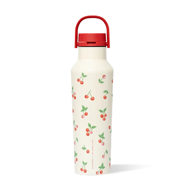 Off-White water bottle with cherry pattern and red lid on a white background