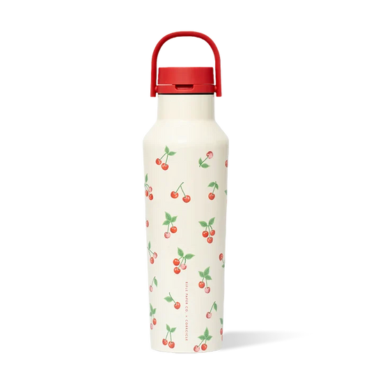 Off-White water bottle with cherry pattern and red lid on a white background