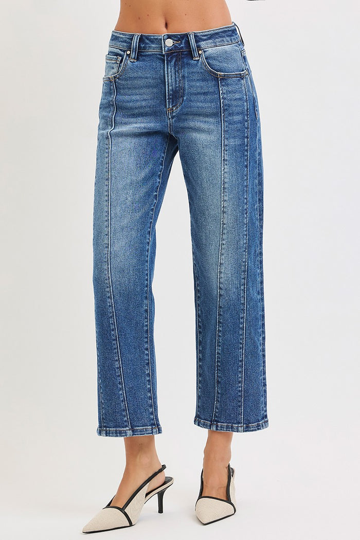 Risen crop seamed straight jeans in medium blue denim with front pockets and belt loops