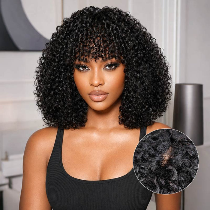 Crown|QVR Fluffy 3C 4A Glueless Human Hair Curly Wig with Bangs